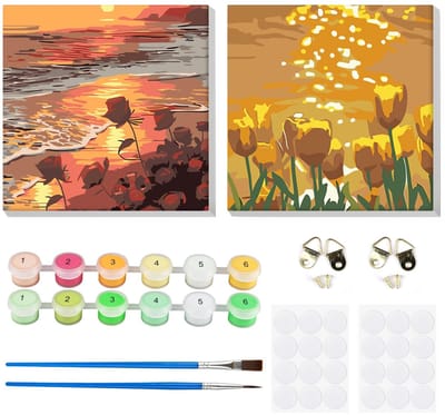ZEYNOMAX- Schilderen op Nummer - 2 Stuks Bloemen - Schilderen op Nummer Volwassenen - Doe-Het-Zelf Wanddecoratie - 20 x 20 cm - Eenvoudig Patroon - Schilderkit