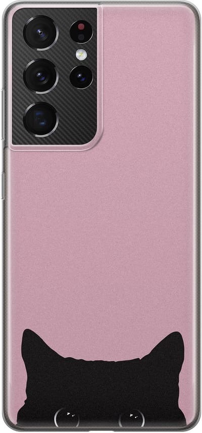 Hoesje geschikt voor Samsung Galaxy S21 Ultra - Zwarte kat - Soft Case - TPU - Print - Roze - Mooie Telefoonhoesjes