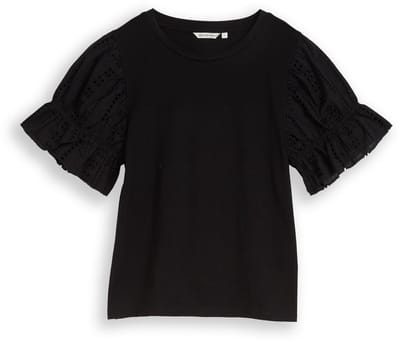 Tom Tailor Denim - Loose fit T-shirt met opengewerkte borduursels - Maat XXL - deep black