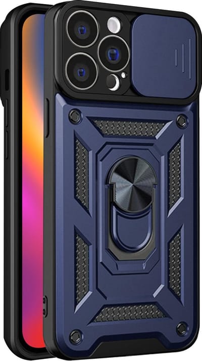 Hoesje geschikt voor iPhone 15 Pro met Ringhouder en Camera schuifje - Arara backcover - Blauw