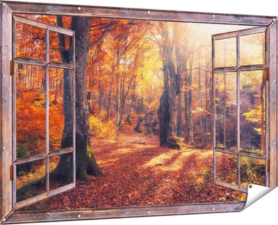 Gards Tuinposter Doorkijk Oranje Herfstbos met Zonneschijn - 180x120 cm - Tuindoek - Tuindecoratie - Wanddecoratie buiten - Tuinschilderij