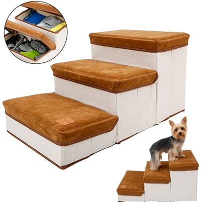 KZQ Inklapbare Hondentrap met Opslagruimte, 3 Treden Antislip Hondenloopplank voor Bed en Bank, Geschikt voor Kleine en Middelgrote Honden tot 30 kg, Bruin