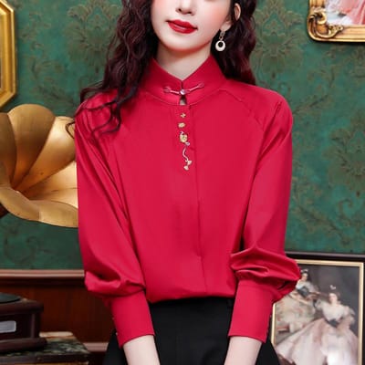 Nieuwe roodkleurige tops in Chinese stijl voor dames met lange mouwen, lente, nieuwe Chinese stijl, geborduurde blouse, Tang-pak, overhemd met opstaande kraag XL rood