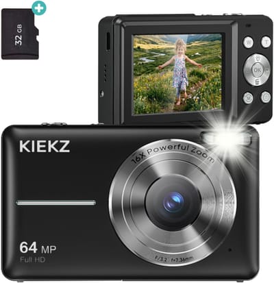 Kiekz Kindercamera 64MP - Fotocamera Full HD - Compact Camera - Fototoestel - Digitale Camera met Autofocus - Inclusief 32GB SD Kaart - Zwart