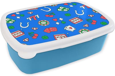 Broodtrommel Blauw - Lunchbox - Brooddoos - Patronen - Casino - Gokkast - Poker - 18x12x6 cm - Kinderen - Jongen