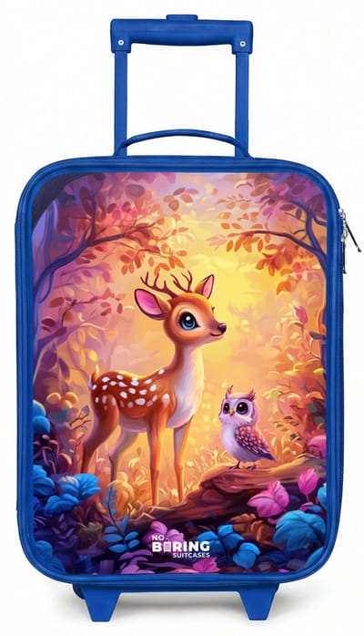 NoBoringSuitcases.com® - Kinderkoffer blauw - Kindertrolley jongen - Hertje en uil in een roze sprookjesbos - Koffer kind lichtgewicht - Reiskoffer trolley voor kinderen - Koffertje met lichtgevende wieltjes - Rolkoffer