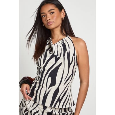 boohoo Dames Zebra Linnen-look Top Met Watervalhals | Zebraprint | Maat: 34