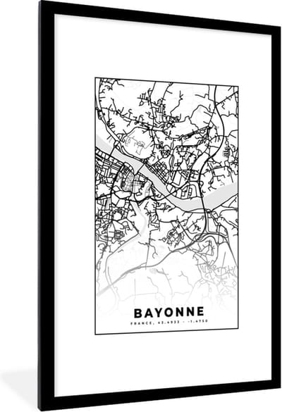 Fotolijst incl. Poster Zwart Wit- Plattegrond - Kaart - Bayonne - Frankrijk - Stadskaart - Zwart wit - 80x120 cm - Posterlijst