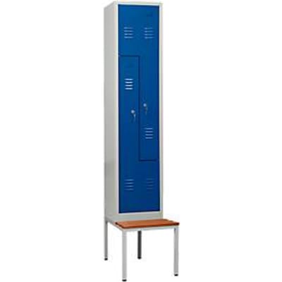Kledinglocker, 2 compartimenten, met zitbank, 2 vakken, z-deuren, cilinderslot, lichtgrijs/gentiaanblauw