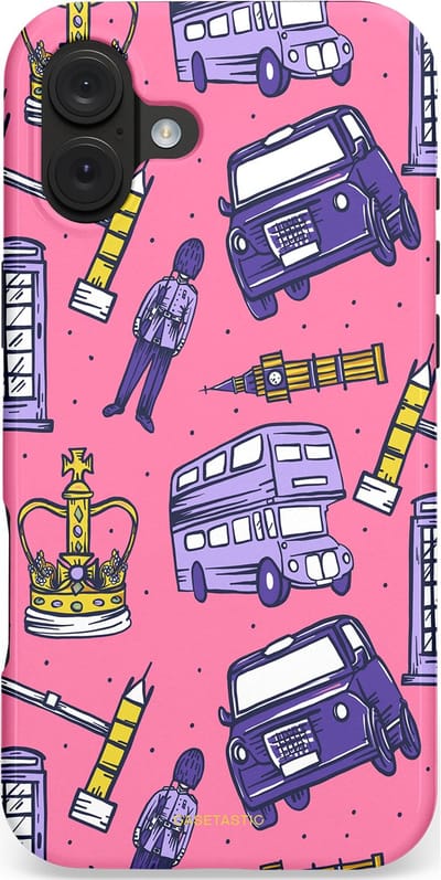 Casetastic hoesje geschikt voor Apple iPhone 16 Plus - MagSafe - Dubbellaagse bescherming - Brits London Roze Avontuur - Londen - Fashion Case - Koraal Lavendel Grijs Donkerblauw