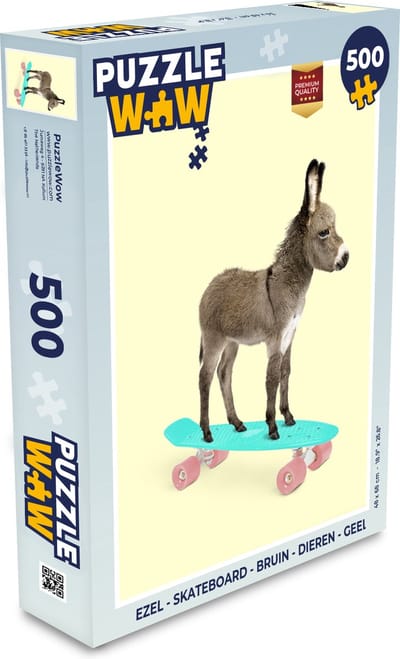 Puzzel Ezel - Skateboard - Bruin - Dieren - Geel - Legpuzzel - Puzzel 500 stukjes