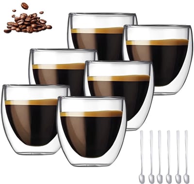 Macchiato-glazen dubbelwandig, Espressotassen set (6 x 80 ml) met 6 lepels, Espresso glazen dubbelwandig, Espressoglazen set voor Latte, Iced Americano, melk, bier