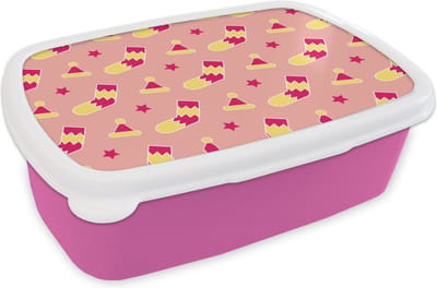Broodtrommel Roze - Lunchbox - Brooddoos - Sokken - Patronen - Kerst - 18x12x6 cm - Kinderen - Meisje