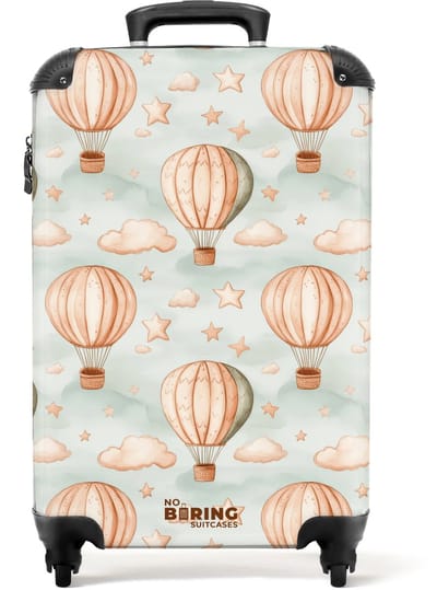 NoBoringSuitcases.com® - Kinderkoffer - Kindertrolley jongen en meisje - Luchtballonnen in sepia met wolken en sterren - Handbagage koffer lichtgewicht - Reiskoffer trolley kinderen - Rolkoffer met wieltjes - Past binnen 55x40x20 en 55x35x25