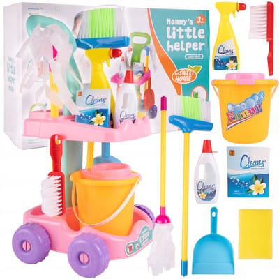 Playos® - Schoonmaaktrolley - Roze - 51 x 29 x 27 cm - Schoonmaakset - Inclusief Emmer, Mop, Bezem, Borstel en Meer - Speelgoed - Rollenspel - Sinterklaas - Kerst