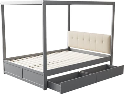Gotagee Hemelbed 140x200 cm met grote lades en zachte rugleuning, houten bed grijs,zonder Matras