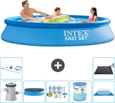 Intex Rond Opblaasbaar Easy Set Zwembad - 305 x 61 cm - Blauw - Inclusief Pomp - Afdekzeil - Onderhoudspakket - Filter - Grondzeil - Schoonmaakset - Solar Mat - 8-delig