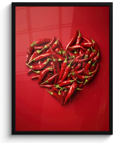Poster in lijst - Fotolijst 50x70 cm - Posters - Pepers - Rood - Hart - Posterlijst zwart - Decoratie - Wanddecoratie woonkamer - Muurdecoratie slaapkamer