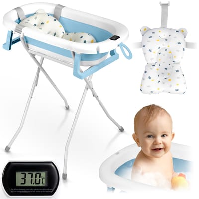 Opvouwbaar babybadje met standaard, thermometer en inzetstuk Ricokids RK-287 wit-blauw