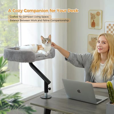 Archi Kattenbureaubed –Kattenmand - 360° Draaibare Kattenhangmat voor Bureau – Verstelbaar Kattenbed met Zachte Bekleding - Grijs