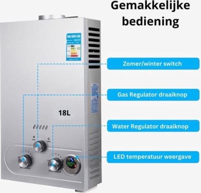 EliteNest® - Tankloze LPG Boiler - 18L - Propaan Gas - Roestvrij Staal - LED Display - 36 kW - Veilig & Compact - Direct Warm Water