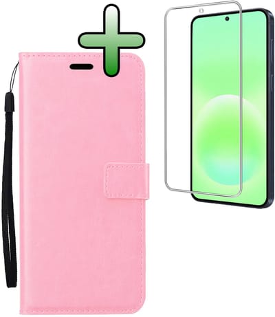 Hoesje Met Screenprotector - Geschikt voor Samsung Galaxy A57 - Luxe Pasjeshouder - Bookcase Portemonee - Flip Case - Kunstleer Book Case - Flipcase - Book Cover - Walletcase - Portemonneehoes - Lichtroze