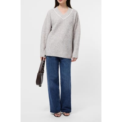 French Connection Kezia Vertical V Nk Jumper Stone Grey/w.white Größe: XS | Longsleeves Outlet | Damen | Grau