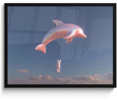 Poster in lijst - Fotolijst 80x60 cm - Posters - Dolfijn - Roze - Astronaut - Posterlijst zwart - Decoratie - Wanddecoratie woonkamer - Muurdecoratie slaapkamer