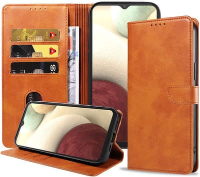 Geschikt voor Samsung Galaxy A12 Telefoonhoesje Kunstleer met Magnetisch lipje en Pasjeshouder Book Case met Klepje - Bruin - Smartphonica geschikt voor Samsung Galaxy A12