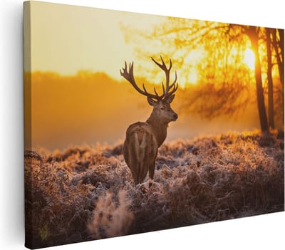 Artaza Canvas Schilderij Hertenkop Met Gewei - 30x20 cm - Klein - Muurdecoratie Bos - Wanddecoratie Zonsondergang - Kamer Accessoires