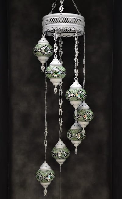 Hanglamp multicolour glas groen mozaïek Oosterse lamp kroonluchter Crèmewit 7 bollen