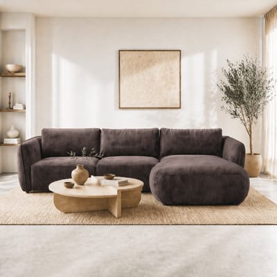 Dimehouse Hoekbank ronde longue mokka bruin velvet structuurstof Dwayne - rechts - Velvet - Modern - 278 x 177 x 80 xm