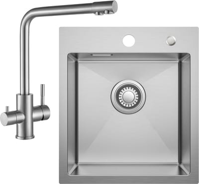 CECIPA max Spoelbak Keuken 40x45CM - Spoelbakken met Kraangat - Spoelbakken Keuken Met 3 Wege Keukenkraan - Wasbak Keuken - Enkele Spoelbak - Spoelbakken met afdruip - RVS