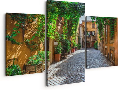 Artaza Canvas Schilderij Drieluik Straatje in Rome met Groene Planten - 150x120 - Groot - Foto Op Canvas - Canvas Print