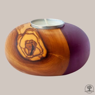 Wood and Olives - Olijfhouten Theelichthouder met Epoxy - Paars - Handgemaakt - 9 cm