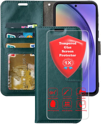 Bookcase Geschikt voor: Samsung Galaxy A56 Groen - Portemonnee hoesje met 1x Glas Screen protector - Book Cover