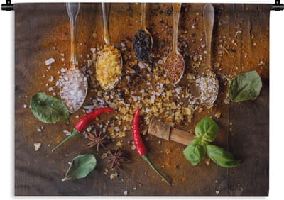 Wandkleed - Wanddoek - Lepels - Kruiden - Chilipeper - Specerijen - 120x90 cm - Wandtapijt