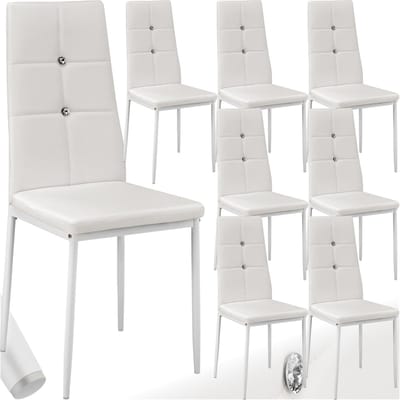 tectake® Set van eetkamerstoelen - Kunstleren stoelen met Strass-steentjes - Hoge rugleuning - Minimalistische, elegante stoel - Gering gewicht en eenvoudige montage - Afmetingen (LxBxH) 40 x 42 x 97 cm - Belastbaar tot 120 kg - Set van 8 - Wit
