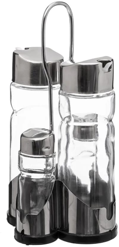 5Five Azijn/Olie flessen tafelset - met peper/zout vaatjes - glas/metaal - transparant - modern/design