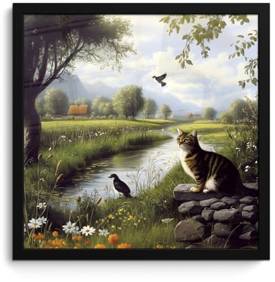 Poster in lijst - Fotolijst 40x40 cm - Posters - Kat - Beekje - Weide - Posterlijst zwart - Decoratie - Wanddecoratie woonkamer - Muurdecoratie slaapkamer