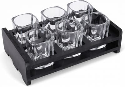 Heritage Glasses - Set van Zes Stijlvolle Shotglaasjes in een Houten Rek