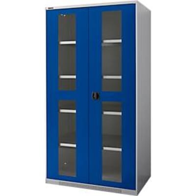Schäfer Shop Genius dubbeldeurskast FS, staal, kijkvenster, ventilatieopeningen, B 1055 x D 620 x H 1950 mm, 5 OH, aluminium wit/ gentiaanblauw, tot 500 kg