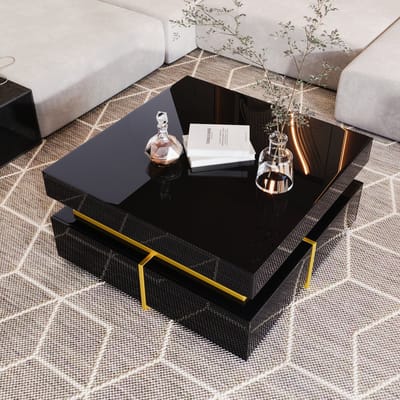STILVORA Salontafels - Koffietafel Vierkant Hoogglans Met Lade - Woonkamer Tafel Met Opbergruimte En Gouden Accenten - 70x35,5x70 cm - Spaanplaat - Zwart