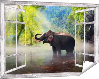 Gards Tuinposter Doorkijk Olifant in het Water - 120x80 cm - Tuindoek - Tuindecoratie - Wanddecoratie buiten - Tuinschilderij