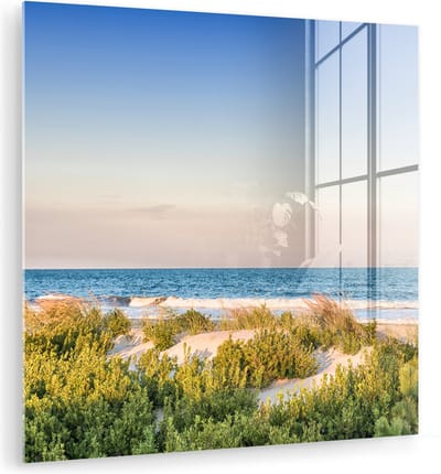 MuchoWow® Glasschilderij 90x90 cm - Schilderij acrylglas - Strand - Planten - Licht - Foto op glas - Muurdecoratie woonkamer - Wanddecoratie slaapkamer - Schilderijen