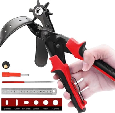 VHV - Gaatjestang - Revolvertang leer - Riemen Pons - Riemen gaatjestang - Verstelbaar - 6 verschillende maten - Voor leer, riemen en horlogebandjes - Hobby gereedschap - Inclusief ring + schroevendraaier + liniaal + vijl - Rood