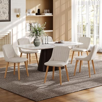 Beige Gestoffeerde Design Eetkamerstoelen Set van 4 met Houten Poten – Ergonomische Keuken- en Woonkamerstoelen 43,5D x 48,5B x 81H cm, Zithoogte 49 cm, Draagvermogen 150 kg