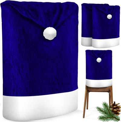 KESSER® Stoelhoes voor Kerst - Premium Hoes voor eetkamer stoelen Kerstdecoratie Stoelbekleding vor Kerstmis en Feestelijke Kerstversiering - Blauw-Wit, Kerstmuts, Set van 2