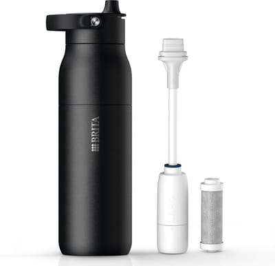 BRITA LARQ Essential waterfles met rietje en waterfilter - Zwart - 1000ml - RVS waterfles, dubbelwandige thermosfles (24h koud) incl. rietje & actieve koolstoffilter - filtert PFAS, chloor & meer
