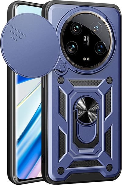 MobyDefend Hoesje - Geschikt voor Xiaomi 14 Ultra - Pantsercase Met Draaibare Ring - Blauw